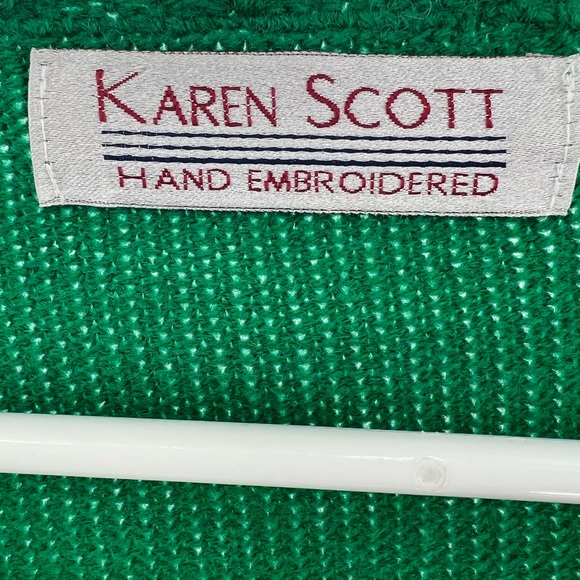Karen Scott hand embroidered green scalloped edges M wool blend cardigan floral - Picture 5 of 8